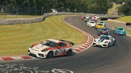 24.-25.04.2021, iRacing 24h Nürburgring powered by VCO, VCO Grand Slam, Start action, GT4, #15, CoRe SimRacing, Porsche Cayman 718 GT4 leads